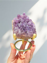 Load image into Gallery viewer, Amethyst Rough Rock Cluster on Gold Stand 02