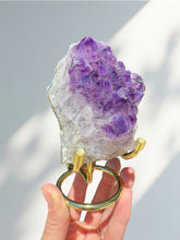 Load image into Gallery viewer, Amethyst Rough Rock Cluster on Gold Stand 01
