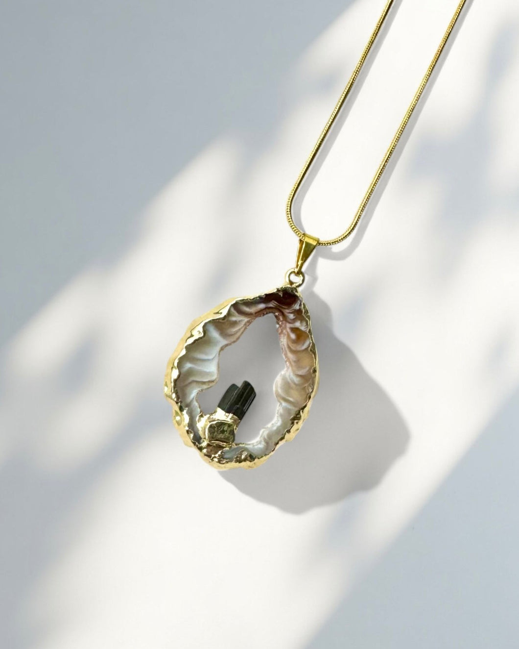 Black Tourmaline + Agate Slice Pendant