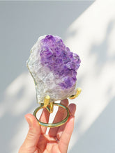Load image into Gallery viewer, Amethyst Rough Rock Cluster on Gold Stand 01
